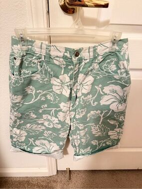 anchor blue Mint Green Floral Bermuda Shorts with White Print